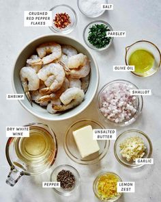 ingredients for shrimp salad laid out in bowls