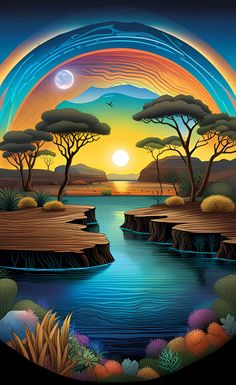 the sun is setting over a body of water with trees and plants around it,