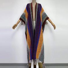 Knitted Sweater Kimono – Robe Kimono Oversized Multicolor Beach Sweater, Multicolor Oversized Beach Sweater, Long Blue Knitted Sweater, Blue Long Knit Sweater, Knitted Multicolor Sweater For Vacation, Multicolor Knitted Sweater For Vacation, Long Blue Knit Sweater, Multicolor Winter Vacation Sweater, Casual Shawl Cardigan For Beach