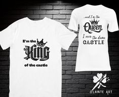 Celebrate your royal status with our "King and Queen of the Castle" Couple's T-Shirts. This matching set is perfect for couples who know who's really in charge! The men's shirt proudly declares "I'm the King of the Castle," while the women's shirt humorously counters with "I'm the Queen, I Own the Damn Castle." Whether you're lounging at home, heading out together, or posing for a fun photo shoot, these tees are a playful way to show off your dynamic duo. Key Features: Matching Design: This set Royal Status, Queen Of, Matching Design, Queen Shirts, Couple Tshirts, King And Queen, Dynamic Duo, I Am A Queen, Couple T-shirt