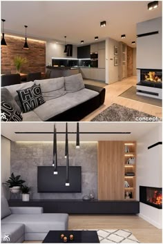 two pictures of the same living room and kitchen