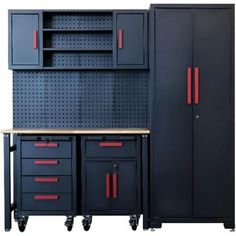 a garage storage cabinet with drawers and cabinets on casteors is shown in this image