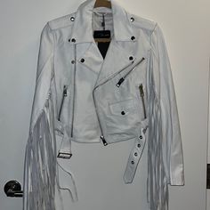 Nwt Purchased From Farfetch Chic White Leather Outerwear, White Fitted Leather Outerwear, Fitted White Leather Outerwear, White Leather Long Sleeve Outerwear, Luxury White Leather Outerwear, Luxury White Leather Jacket With Long Sleeves, Tan Suede Jacket, White Leather Jacket, Wilsons Leather Jacket