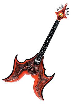 a red electric guitar with an evil face on it