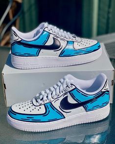 Our Custom Air Force 1 Cartoon Blue sneaker is the perfect addition to your wardrobe. It features a unique cartoon blue style, giving your look a bold pop of color. Enjoy all-day comfort and style with this one-of-a-kind sneaker!❤️ Exactly as shown in the pictures. 💯 Brand New & Authentic. 💯 Hand Painted with attention to detail. 👨‍🎨 Waterproof and Flexible. ❤️ Unisex model. Please refer to the Size Chart. Free Worldwide Shipping. ✈︎ Air Force 1 Cartoon, All White Sneakers, Nike Air Force 1 Custom, Diy Sneakers, Air Force 1 Custom, Custom Air Force 1, Cute Nike Shoes, Purple Shoes, Cute Nikes