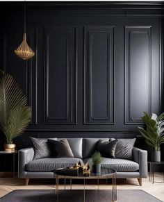 25 Deep & Dark Black Accent Walls in Living Room Ideas 5 Black Wainscoting, Dark Accent Walls, Panel Ideas, Neutral Furniture, Accent Walls In Living Room, Nature Inspired Decor