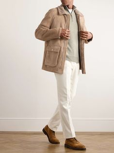 BRUNELLO CUCINELLI Shearling Jacket for Men Classic Shearling Long Sleeve Outerwear, Classic Shearling Outerwear With Pockets, Luxury Shearling Outerwear For Work, Luxury Outerwear With Patch Pockets, Luxury Wool Outerwear With Flap Pockets, Luxury Beige Outerwear With Pockets, Classic Leather Jacket With Pockets For Cold Weather, Beige Shearling Outerwear For Cold Weather, Timeless Fall Outerwear With Pockets