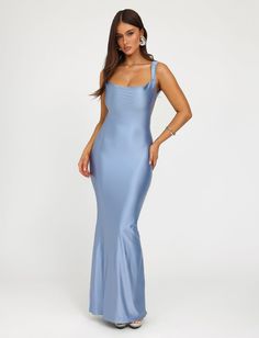 MORANA SHIMMER DRESS - BLUE : PALE BLUE | Tiger Mist Fitted Maxi Slip Dress With Ruched Back, Fitted Maxi Length Slip Dress With Ruched Back, Fitted Slip Dress With Ruched Back, Maxi Length, Blue Fitted Low Back Dress, Blue Fitted Dress With Low Back, Party Maxi Dress With Ruched And Low Back, Fitted Low Back Bias Cut Dress, Fitted Bias Cut Dress With Low Back, Fitted Long Backless Dress With Bias Cut