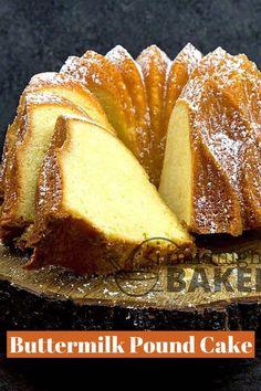 there is a cake that has been cut in half on a plate with the words buttermilk pound cake