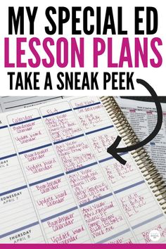 a notebook with the words, my special ed lesson plans take a sneak peek