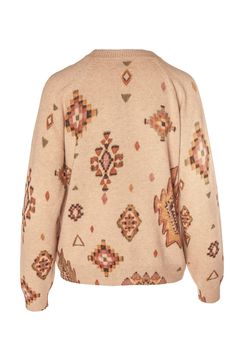 Southwest print sweater Brown Graphic Print Sweater For Fall, Winter Printed Sweater, Brown Crew Neck Top With Fair Isle Pattern, Cozy Patterned Long Sleeve Sweater, Fair Isle Patterned Sweater For Fall, Cozy Long Sleeve Patterned Sweater, Fall Fair Isle Patterned Sweater, Fall Fair Isle Pattern Sweater, Patterned Jacquard Knit Crew Neck Tops