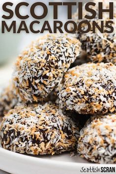 a plate full of scottish macaroons with sprinkles on top and the words scottish macaroons above it