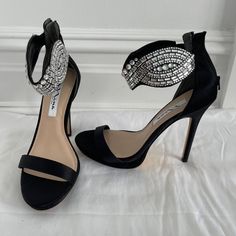 Never Worn - Without Box Size 8 Perfect For A Special Event Ankle Strap Heels With Bling For Night Out, Chic Black Sparkling Heels, Chic Black Heels With Bling, Elegant Black Heels With Bling, Elegant Black Bling Heels, Glamorous Black Heels With Bling, Glamorous Black Bling Heels, Black Bling Heels For Formal Occasions, Black Party Heels With Bling