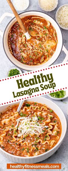 healthy lasagna soup in a white bowl with parmesan cheese on top