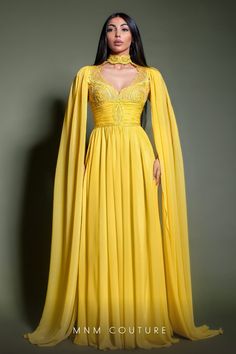 MNM Couture K4195 Fall 2024 evening collection dress. High Neck Evening Dress, Mnm Couture, Couture Evening Dress, Evening Gowns With Sleeves, Plastic Dress, Chiffon Fashion, Cape Sleeves, Luxury Dress, Dress 16