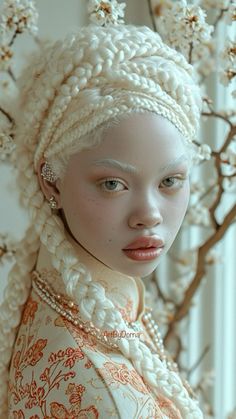 a woman with braids and pearls on her head