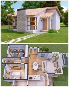 two pictures of small houses in the grass with stairs leading up to them and an open floor plan