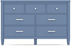 a blue dresser with six drawers and two doors on each side, in front of a white background