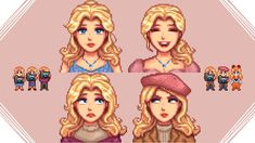 four different images of blonde haired women with blue eyes and long hair, in pixel art style