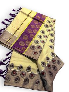 Kerala Vishu Set Saree gold  border with flowers print tissue saree. The Kerala  tissue set Saree  on gold kasavu border with beautiful flowers prints Gold Cotton Silk Traditional Wear For Diwali, Traditional Gold Wear With Printed Border, Gold Traditional Wear With Printed Border, Traditional Gold Dupatta With Printed Border, Gold Saree With Printed Border, Purple Dupatta With Printed Border For Festivals, Festive Yellow Traditional Wear With Printed Border, Gold Traditional Wear With Printed Border For Festivals, Gold Traditional Wear With Self Design In Cotton Silk