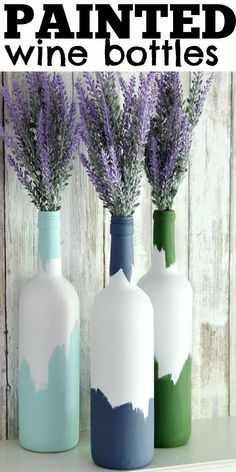 three painted wine bottles with lavenders in them and the words how to paint wine bottles