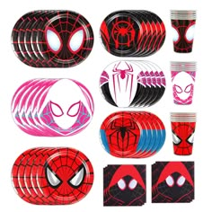 spider - man party supplies including plates, napkins and cups are shown in this image