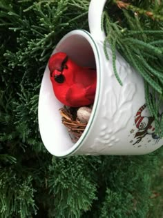 a red bird perched on top of a white cup filled with eggs in a tree