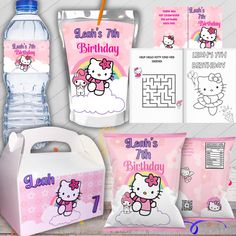 hello kitty birthday party supplies including water bottle, lunch bag and candy wrapper bags