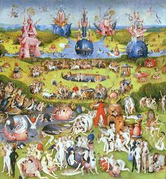 a painting with many people and animals in the middle of it, all surrounded by other things