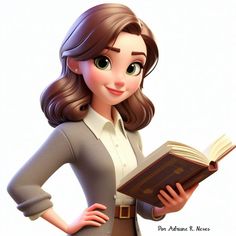 a cartoon character is holding a book and posing for the camera with her hands on her hips