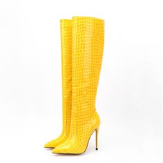 $57.00 Crocodile Tall Boots, Boot Heels Outfit, Elastic Boots, Womens High Boots, Yellow Boots, Yellow Heels, Ladies Boots, Heels Outfits, Crocodile Print