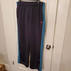 Navy Warm Up Pants, Light Blue Stripes And Pink Adidas Logo Blue Wide Leg Sports Bottoms, Blue Adidas Bottoms With Pockets, Blue Adidas Sweatpants With Pockets, Adidas Blue Sweatpants With Pockets, Adidas Blue Sweatpants, Pants Light Blue, Pink Adidas, Adidas Pants, Blue Adidas