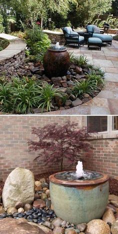 two pictures side by side one has a fountain and the other has rocks in it