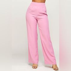 High Waisted Tailored Pants Inseam 28.5 Inches Pink High Rise Bottoms For Work, High Rise Pants With Elastic Waistband, High Rise Solid Bottoms For Spring, Solid High Rise Bottoms For Spring, Solid Color High Rise Bottoms For Spring, High Rise Solid Pants For Spring, Solid High Rise Pants For Spring, Spring High Rise Solid Pants, High Waist Pants With Elastic Waistband