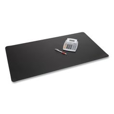 a calculator and pen sitting on top of a black table mat with a white background