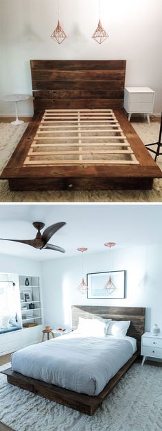 two different pictures of a bed with wooden headboard and foot board in the middle