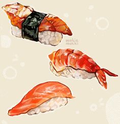 sushi art Drawing Of Sushi, Japanese Food Art Drawing, Watercolor Food Easy, Sushi Drawing Aesthetic, Japanese Food Illustration Art, How To Draw Sushi, Sea Food Drawing, Salad Drawing Easy, Food Reference Drawing