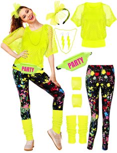 a woman wearing neon yellow clothing and accessories