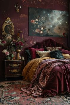 Boho Art Deco fusion bedroom with eclectic patterns and vintage-inspired decor Witchy Bedroom Ideas, Dark Cozy Bedroom, Goth Bedroom, Dark Home Decor, Dark Home, Dreamy Room, Decorating Inspiration, Dream Room Inspiration