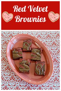 red velvet brownies on a pink plate with the words, red velvet brownies