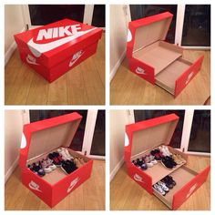 four pictures of the inside of a nike shoe box, with shoes in it and one opened