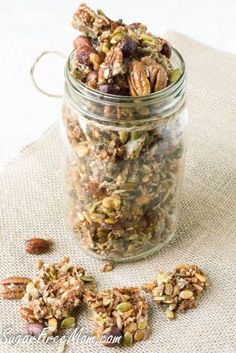 granola mix in a glass jar on a table