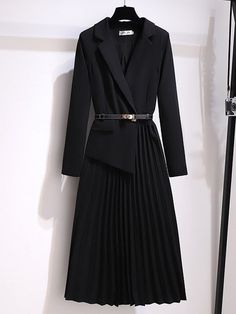 Color: Black, Size: M Elegant Maxi Dress With Sleeves, Ninja Dress, Blazer Dress Women, Office Dresses For Women, Elegant Office, Dress Women Elegant, Skirt Belt, Pleated Midi Dress, Mid Dresses