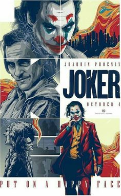 the joker movie poster is shown in four different colors and sizes, including red, yellow,