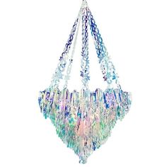 a multicolored chandelier hanging from a chain on a white background with clippings