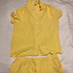 Just Purchased This Pastel Yellow Pajama Set On Forever 21 Online And Washed It Prior To Trying On However It Doesn’t Fit Right So Never Worn Summer Button-up Tops For Pajama Party, Summer Sleepwear With Button Closure And Short Sleeves, Spring Sleepwear With Button Closure For Sleepover, Summer Button-up Sleepwear For Pajama Party, Summer Button-up Sleepwear For Bedtime, Spring Pajama Party Sets With Button-up Shape, Spring Pajama Party Button-up Sets, Button Closure Sleepwear For Pajama Party, Yellow Sleepwear For Summer Pajama Party