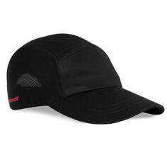 a black baseball cap with the word's logo on it and red stitching