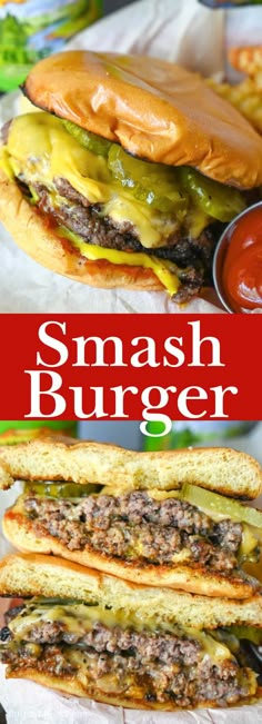 two cheeseburgers are stacked on top of each other with the words smash burger