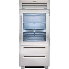 an empty refrigerator with its door open and shelves on the bottom, in front of a white background