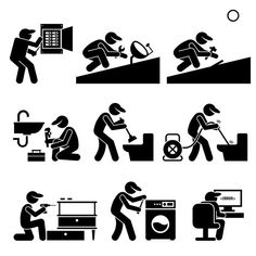 black and white silhouettes of people working in different jobs, including washing the dishes